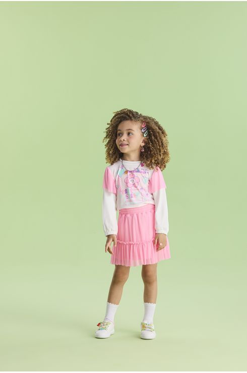 Conjunto Manga Longa Blusa E Saia Em Tule