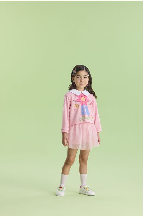 Conjunto Manga Longa Saia Em Tule E Moletom Com Gola