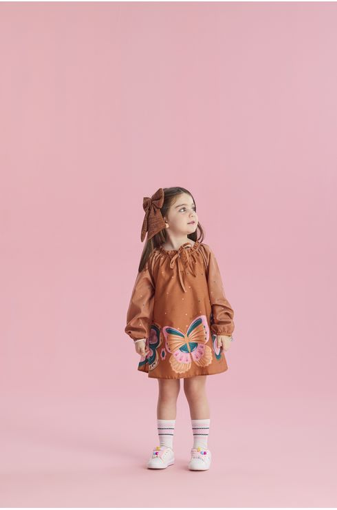 Vestido Manga Longa Em Tricoline Com Gola Em Babadinho