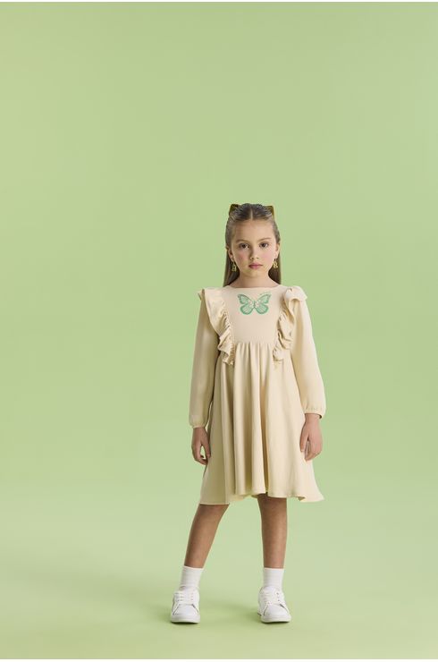 Vestido Manga Longa Com Estampa Central E Babado