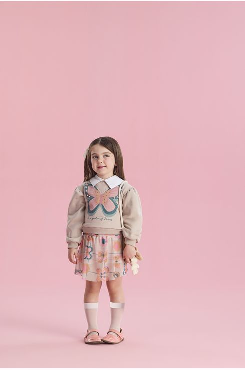 Conjunto Manga Longa Moletom Com Gola E Saia Em Tule