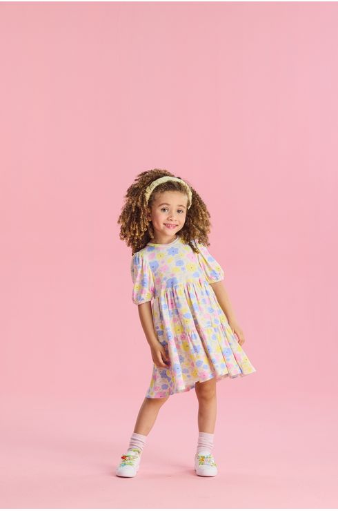 Vestido Manga Curta Em Viscose Com Elastano Estampado