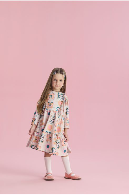 Vestido Manga Longa Em Moletinho Estampado