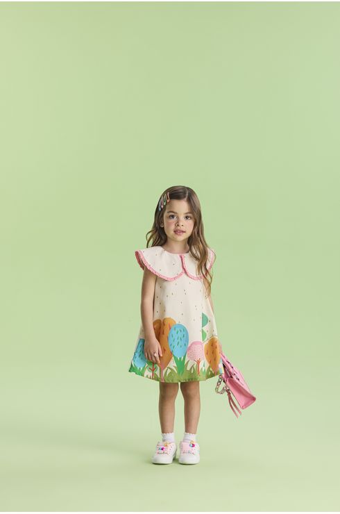 Vestido Manga Curta Em Tricoline Estampado Com Gola Boneca