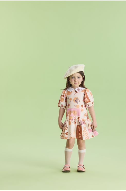 Vestido Manga Curta Estampado Com Gola Aplicada