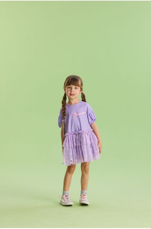 Vestido Manga Curta Em Tricoline Com Detalhes Em Tule
