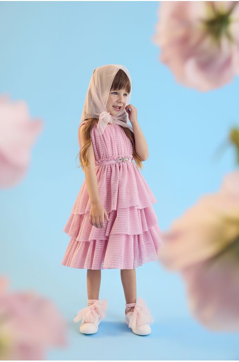 Vestido Festa Em Tule Listrado