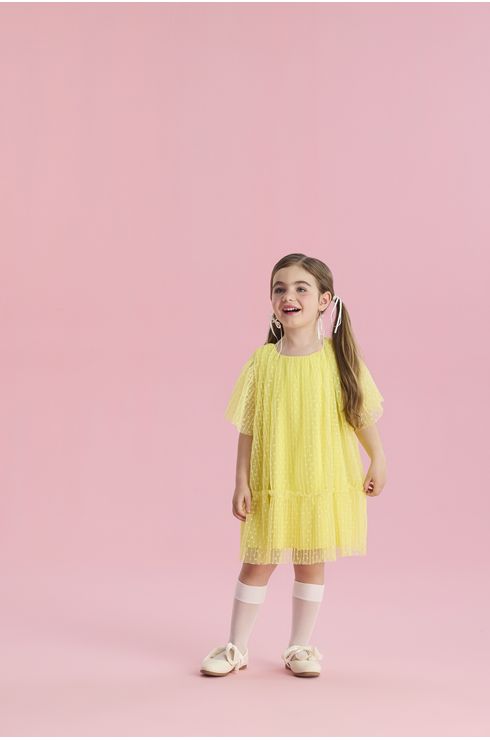 Vestido Em Tule Poa Com Babado Na Gola