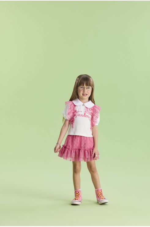 Conjunto Manga Curta Blusa E Saia Em Tule