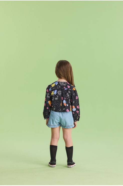 Blusa Manga Longa Em Tricoline Estampado Com Manga Bufante