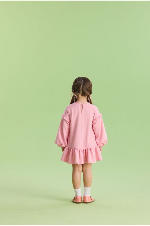 Vestido Manga Longa Em Moletinho Com Estampa Front E Babado Na Manga