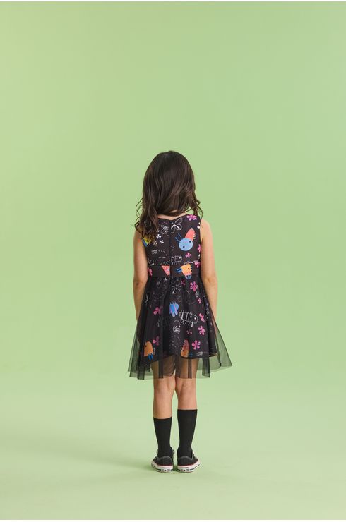 Vestido Festa Estampado Com Sobreposição Em Tule