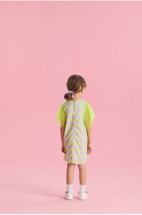 Vestido Manga Curta Fluido Com Manga De Tule