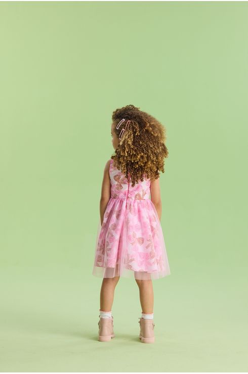 Vestido Festa Estampado Com Saia Sobreposta De Tule E Laço