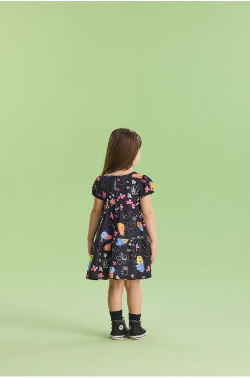 Vestido Manga Curta Em Tricoline Estampada