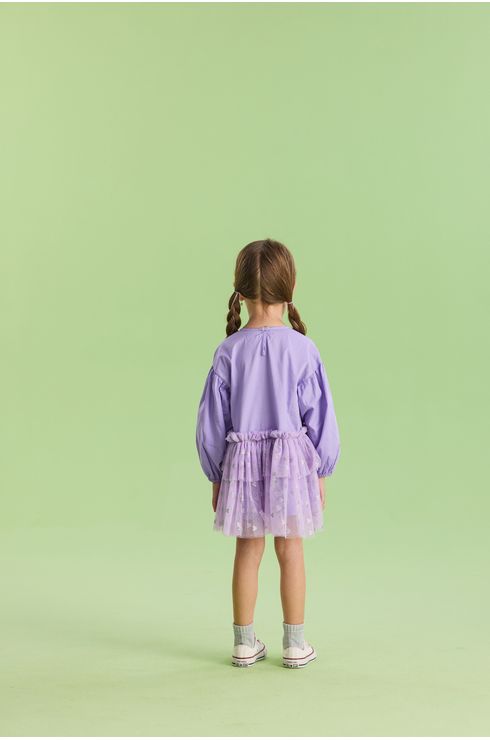 Vestido Manga Longa Em Tricoline Com Detalhe Em Tule