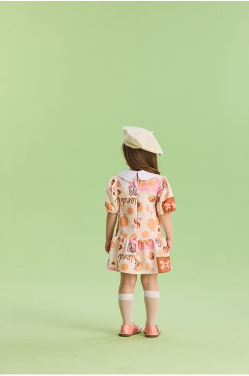 Vestido Manga Curta Estampado Com Gola Aplicada