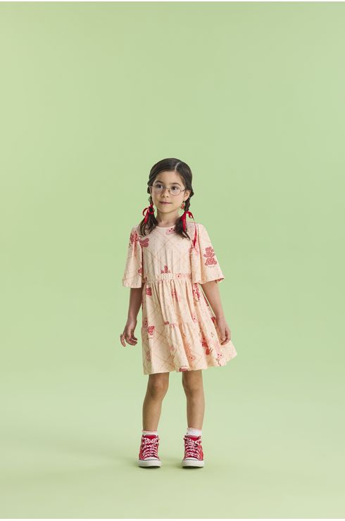 Vestido Manga Curta Estampado Com Babado Aplicado