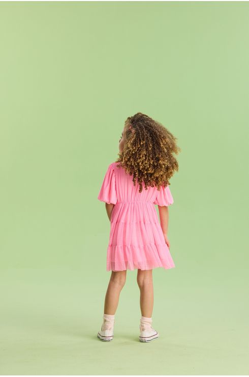 Vestido Manga Curta Canelado Com Tule Sobreposto