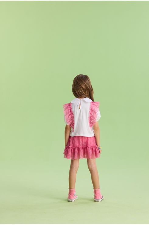 Conjunto Manga Curta Blusa E Saia Em Tule
