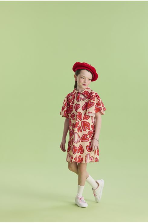 Vestido Manga Curta Em Tricoline Estampada Com Gola E Manga Ampla