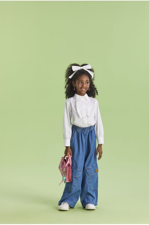 Calça Wide Leg Jeans Com Bolso Deslocado