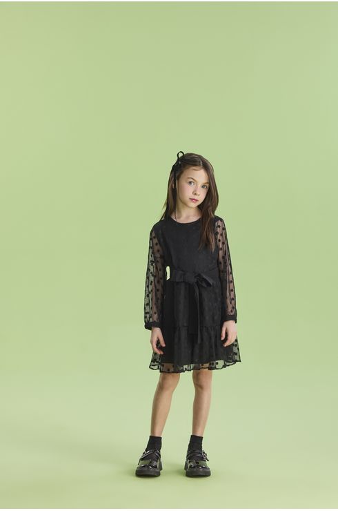 Vestido Manga Longa Em Tule Poa Com Cinto Em Viscose