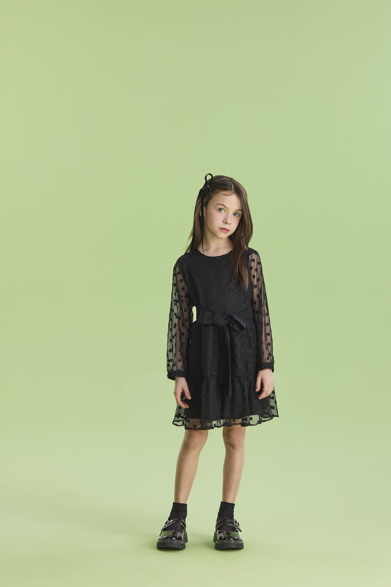 Vestido-Manga-Longa-Em-Tule-Poa-Com-Cinto-Em-Viscose