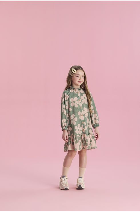 Vestido Manga Longa Estampado Com Gola Franzida E Barra Diferenciada