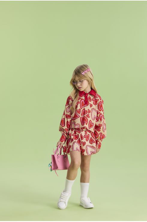 Conjunto Manga Longa Camisa E Short Em Tricoline Estampado