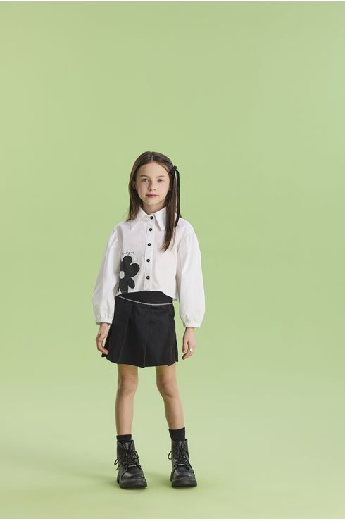 Conjunto Manga Longa Em Tricoline Short Saia E Camisa