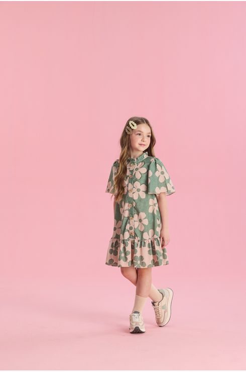 Vestido Manga Curta Estampado Com Gola Franzida E Barra Diferenciada