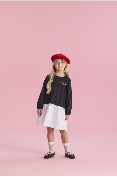 Vestido Manga Longa Preto E Branco Em Tricoline
