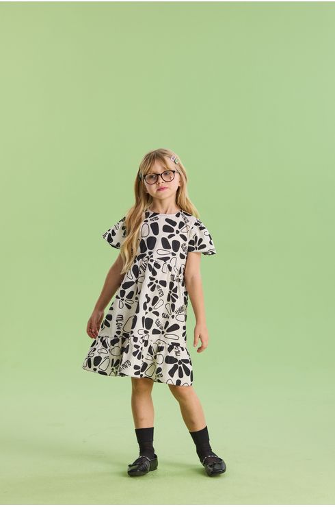 Vestido Manga Curta Em Tricoline Estampada