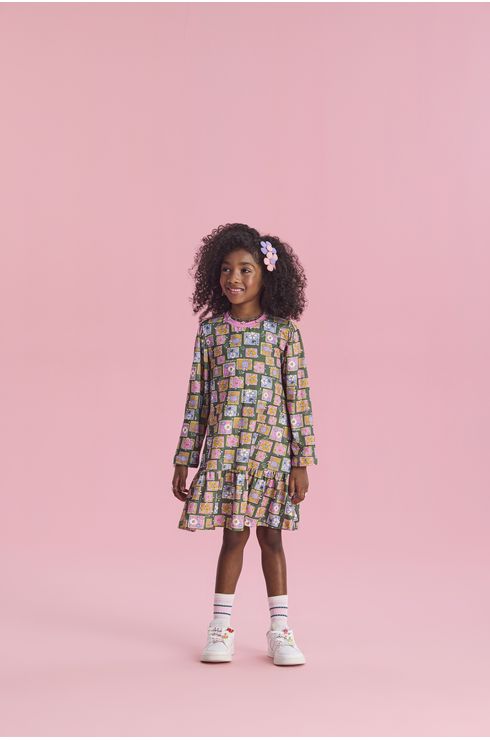 Vestido Manga Longa Em Malha De Algodão Estampado