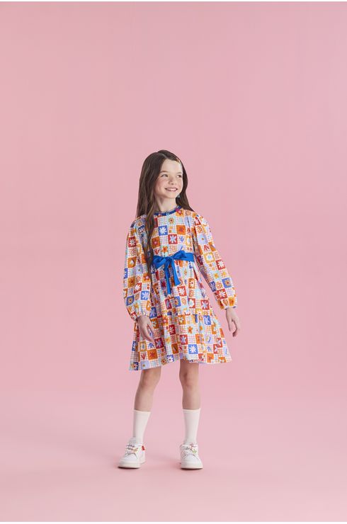 Vestido Manga Longa Em Algodão Com Faixa Na Cintura