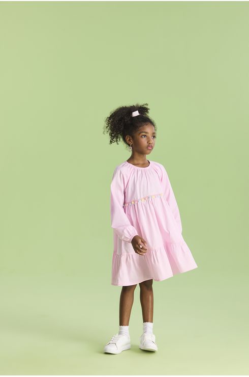 Vestido Manga Longa Em Tricoline Com Detalhe De Franjinha