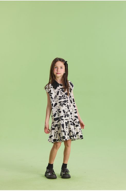 Vestido Manga Curta Em Tricoline Estampado Com Saia De Pregas
