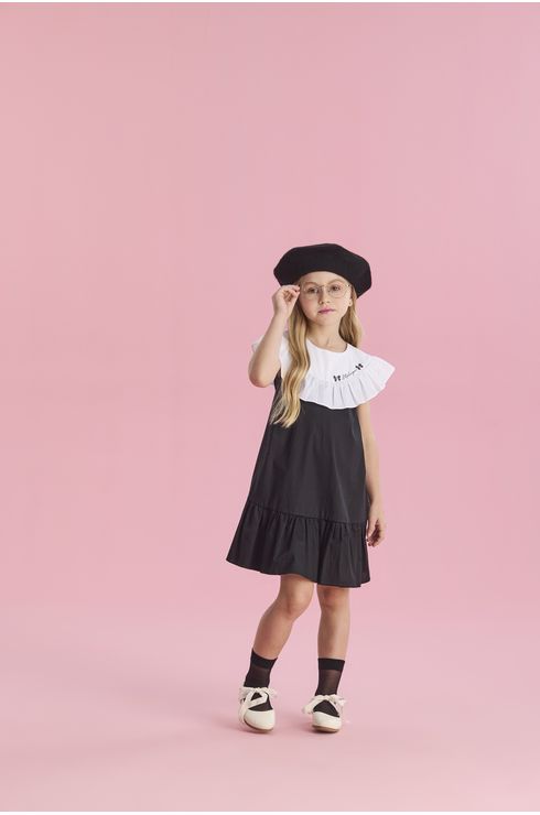 Vestido Manga Curta Preto E Branco Com Babado
