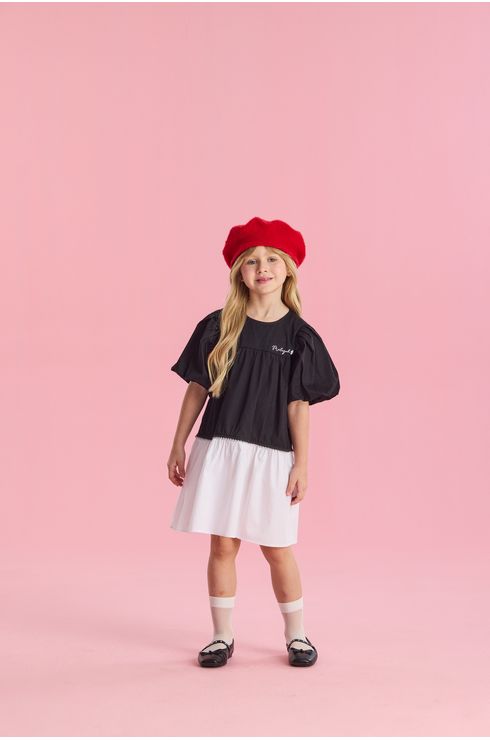 Vestido Manga Curta Preto E Branco Em Tricoline