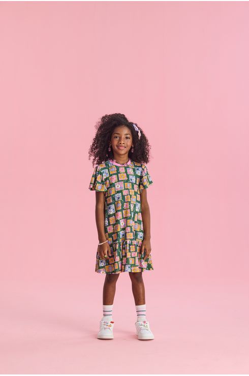 Vestido Manga Curta Em Malha De Algodão Estampado