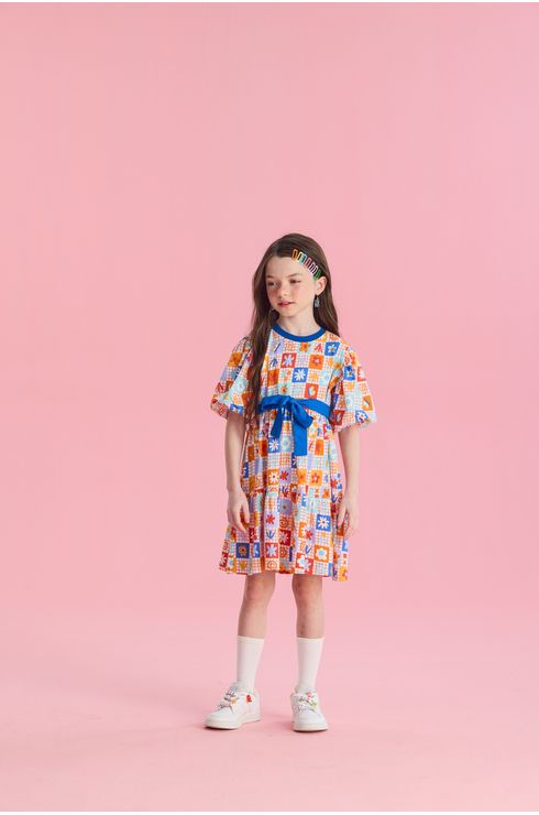 Vestido Manga Curta Em Algodão Com Manga Balone E Faixa Na Cintura