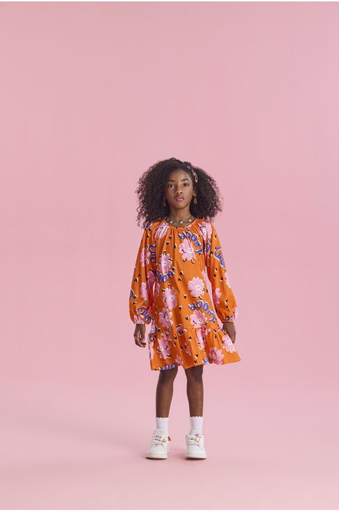 Vestido Manga Longa Estampado Em Algodão Com Recorte Raglam