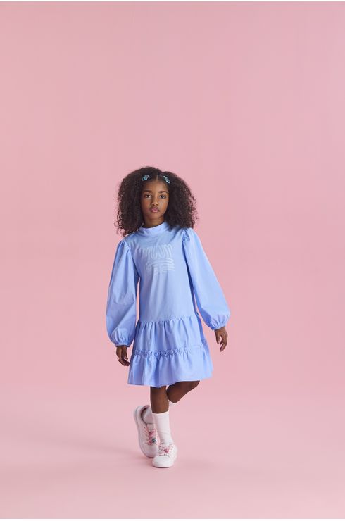 Vestido Manga Longa Em Tricoline Com Babado Aplicado E Amarração