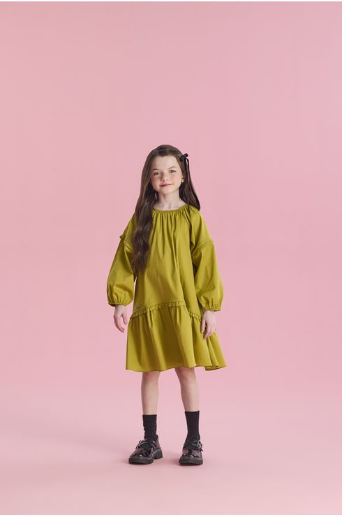 Vestido Manga Longa Em Tricoline Com Detalhes Em Babados