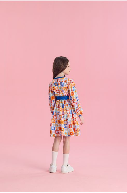 Vestido Manga Longa Em Algodão Com Faixa Na Cintura