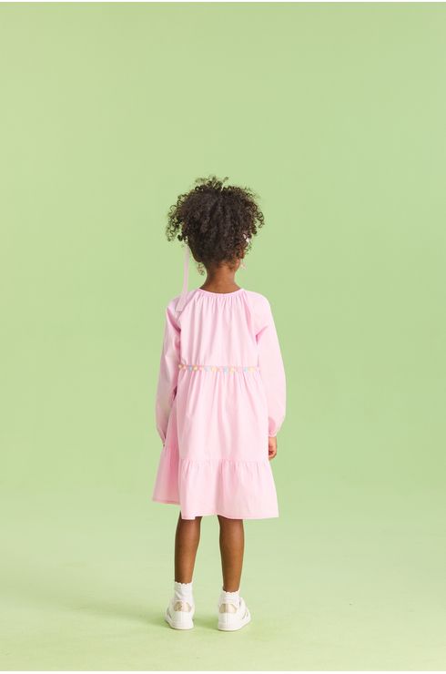 Vestido Manga Longa Em Tricoline Com Detalhe De Franjinha