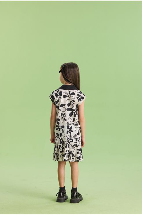Vestido Manga Curta Em Tricoline Estampado Com Saia De Pregas