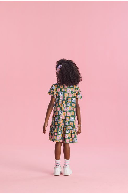 Vestido Manga Curta Em Malha De Algodão Estampado