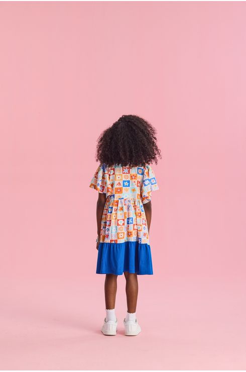 Vestido Manga Curta Em Algodão Estampado Com Babado Contrastante